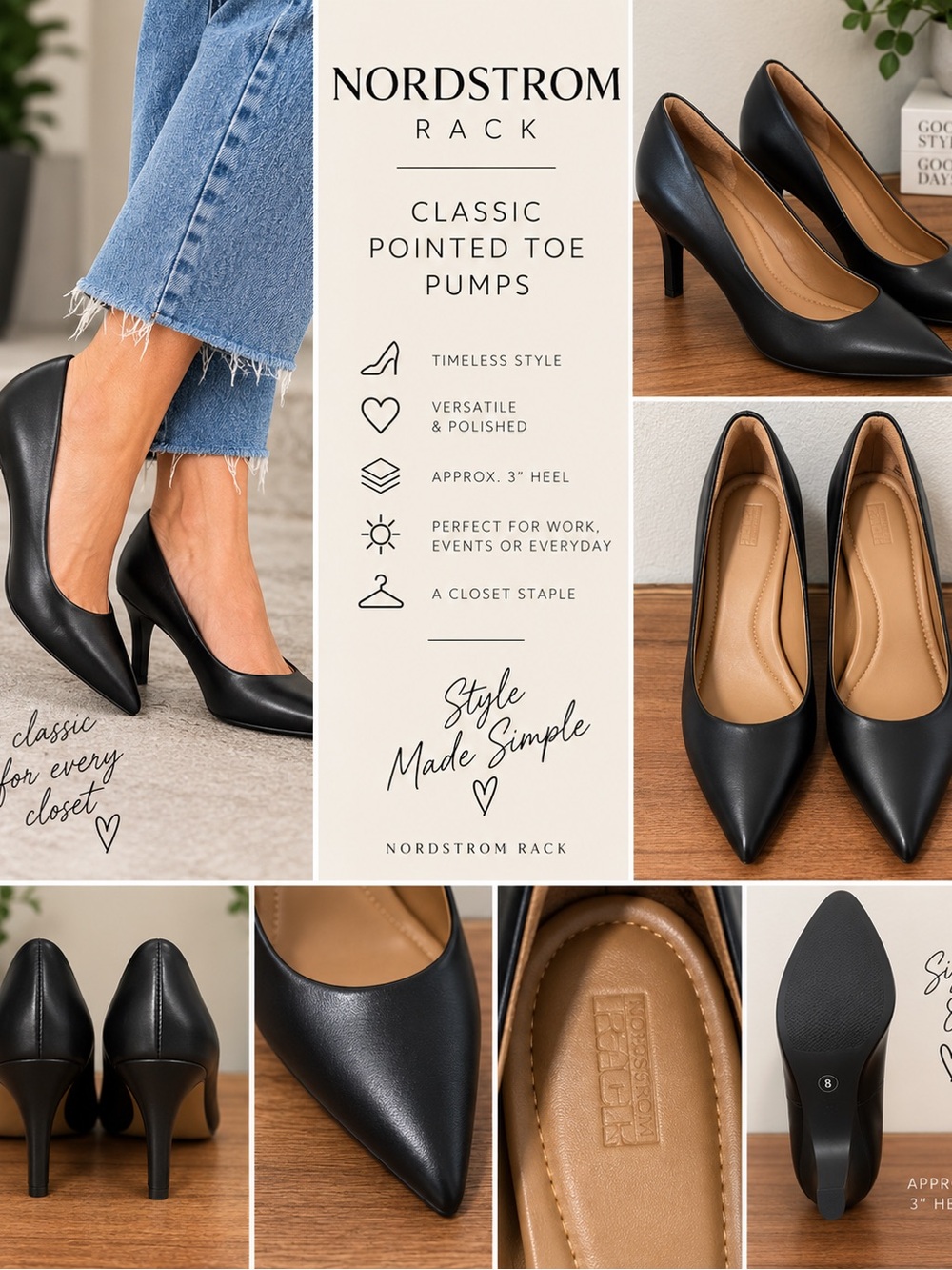 Nordstrom Rack Black Pointed Toe Pumps Heels - Size 8
